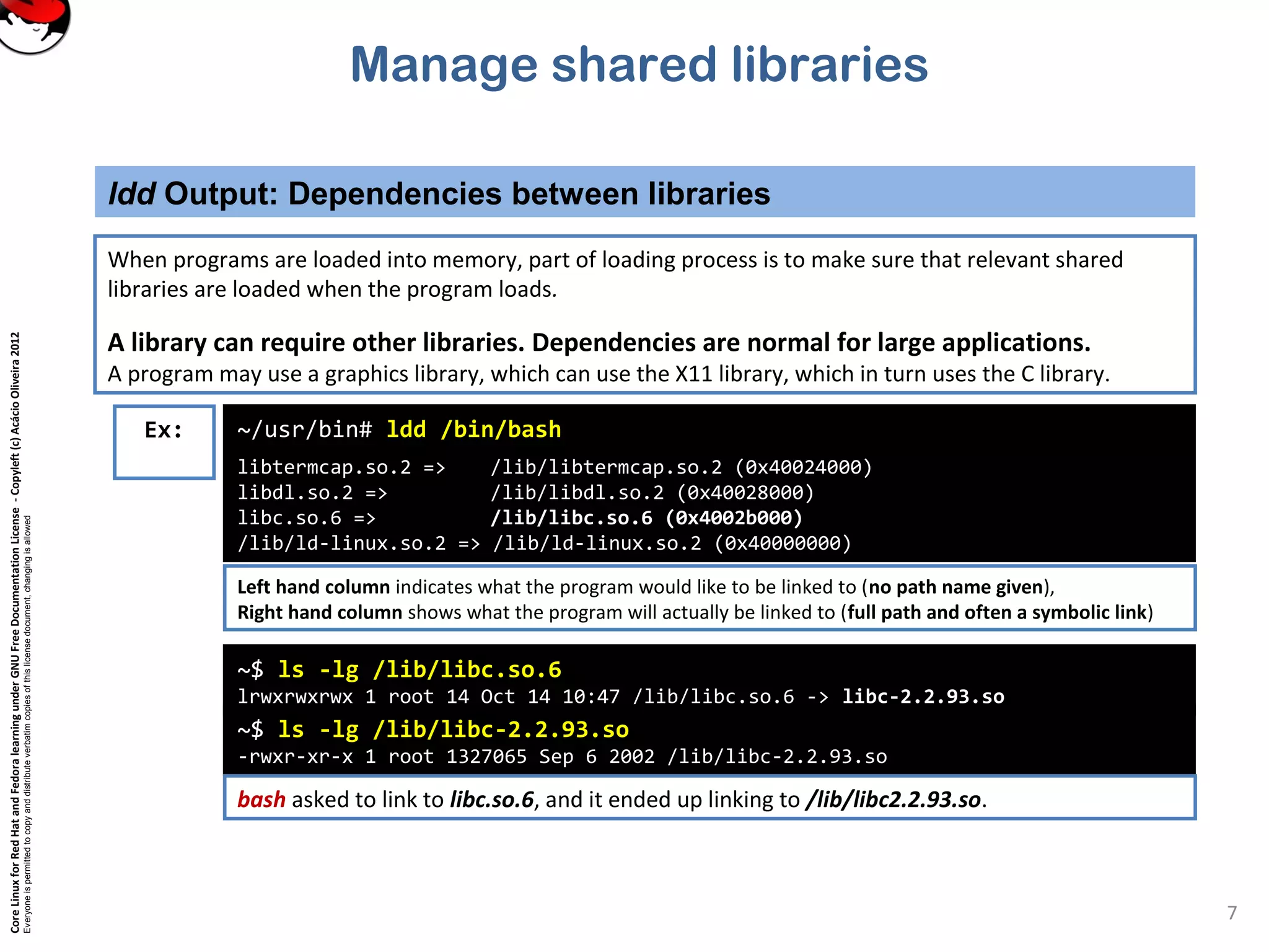 CoreLinuxforRedHatandFedoralearningunderGNUFreeDocumentationLicense-Copyleft(c)AcácioOliveira2012
Everyoneispermittedtocopyanddistributeverbatimcopiesofthislicensedocument,changingisallowed
Manage shared libraries
ldd Output: Dependencies between libraries
7
Left hand column indicates what the program would like to be linked to (no path name given),
Right hand column shows what the program will actually be linked to (full path and often a symbolic link)
~/usr/bin# ldd /bin/bash
libtermcap.so.2 => /lib/libtermcap.so.2 (0x40024000)
libdl.so.2 => /lib/libdl.so.2 (0x40028000)
libc.so.6 => /lib/libc.so.6 (0x4002b000)
/lib/ld-linux.so.2 => /lib/ld-linux.so.2 (0x40000000)
Ex:
When programs are loaded into memory, part of loading process is to make sure that relevant shared
libraries are loaded when the program loads.
A library can require other libraries. Dependencies are normal for large applications.
A program may use a graphics library, which can use the X11 library, which in turn uses the C library.
~$ ls -lg /lib/libc.so.6
lrwxrwxrwx 1 root 14 Oct 14 10:47 /lib/libc.so.6 -> libc-2.2.93.so
~$ ls -lg /lib/libc-2.2.93.so
-rwxr-xr-x 1 root 1327065 Sep 6 2002 /lib/libc-2.2.93.so
bash asked to link to libc.so.6, and it ended up linking to /lib/libc2.2.93.so.
 