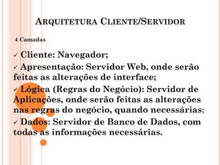 ARQUITETURA CLIENTE/SERVIDOR
4 Camadas:
.
 Cliente: Navegador;
 Apresentação: Servidor Web, onde serão
feitas as alterações de interface;
 Lógica (Regras do Negócio): Servidor de
Aplicações, onde serão feitas as alterações
nas regras do negócio, quando necessárias;
 Dados: Servidor de Banco de Dados, com
todas as informações necessárias.
 