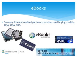 eBooks 
∗ 
So many different readers/ platforms/ providers and buying models: DDA, UDA, PDA.  