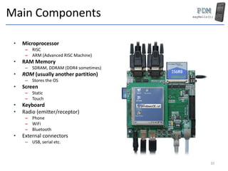 Main Components
• Microprocessor
– RISC
– ARM (Advanced RISC Machine)
• RAM Memory
– SDRAM, DDRAM (DDR4 sometimes)
• ROM (usually another partition)
– Stores the OS
• Screen
– Static
– Touch
• Keyboard
• Radio (emitter/receptor)
– Phone
– WiFi
– Bluetooth
• External connectors
– USB, serial etc.
10
 