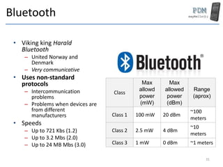 Bluetooth
• Viking king Harald
Bluetooth
– United Norway and
Denmark
– Very communicative
• Uses non-standard
protocols
– Intercommunication
problems
– Problems when devices are
from different
manufacturers
• Speeds
– Up to 721 Kbs (1.2)
– Up to 3.2 Mbs (2.0)
– Up to 24 MB Mbs (3.0)
Class
Max
allowd
power
(mW)
Max
allowed
power
(dBm)
Range
(aprox)
Class 1 100 mW 20 dBm
~100
meters
Class 2 2.5 mW 4 dBm
~10
meters
Class 3 1 mW 0 dBm ~1 meters
31
 