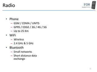 Radio
• Phone
– GSM / CDMA / UMTS
– GPRS / EDGE / 3G / 4G / 5G
– Up to 25 Km
• WiFi
– Wireless
– 2.4 GHz & 5 GHz
• Bluetooth
– Small networks
– Short distance data
exchange
21
 