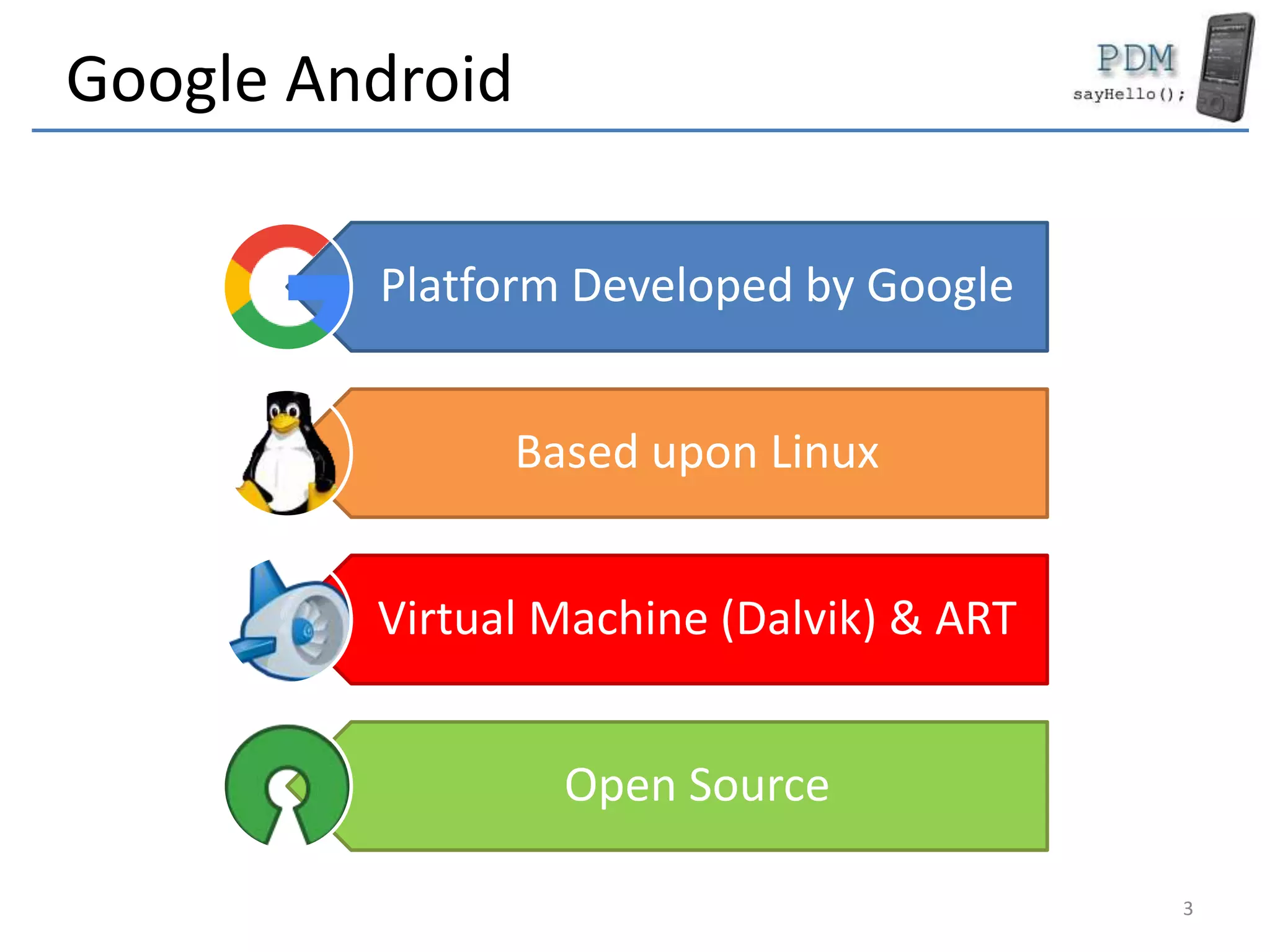 Google Android
Platform Developed by Google
Based upon Linux
Virtual Machine (Dalvik) & ART
Open Source
3
 