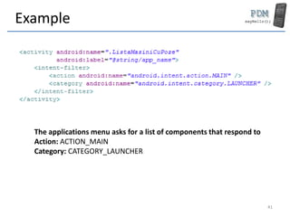 Example
The applications menu asks for a list of components that respond to
Action: ACTION_MAIN
Category: CATEGORY_LAUNCHER
41
 