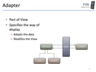 Adapter
• Part of View
• Specifies the way of
display
– Adapts the data
– Modifies the View
10
 