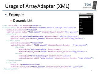 Usage of ArrayAdapter (XML)
• Example
– Dynamic List
14
 