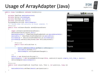 Usage of ArrayAdapter (Java)
15
 