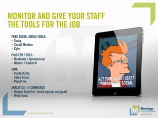 Monitor and give your staff the tools for the
job
Free social media tools: !
•Topsy !
•Social Mention !
•Cyfe !
!
Paid for tools: !
!
•Hootsuite / Sproutsocial !
•Ubervu / Radion 6 !
!
CRM: !
!
•ContactZilla !
•Sales Force !
•PipeDrive !
!
Analytics - E-commerce !
!
- Google Analytics ‘social signals and goals’!
- Webtrends
Not Sure About
Staff on Social
Media
 