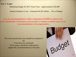 Step 4: Budget
          Marketing Budget for 2011 Fiscal Year - Approximately $26,400

          Annual Fundraiser Costs - Estimated $4,302 dollars – 16% of Budget



   It is our recommendation to allot a minimum of $5000 to achieve last
year’s benchmark of donations received plus a cushion to absorb costs of our
                   recommendations to the organization.




    The costs incurred last year should be examined to
                             see
                if activities are warranted.
          If not, money should be reallocated to
        support the recommendations in this plan.
 