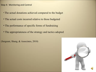 Step 4: Monitoring and Control


  • The   actual donations achieved compared to the budget

  • The actual costs incurred relative to those budgeted

  • The performance of specific forms of fundraising

  • The appropriateness of the strategy and tactics adopted


(Sargeant, Shang, & Associates, 2010)
 