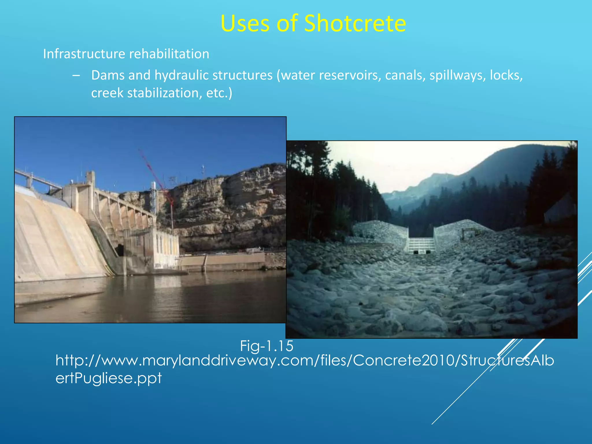 Uses of Shotcrete
Infrastructure rehabilitation
– Dams and hydraulic structures (water reservoirs, canals, spillways, locks,
creek stabilization, etc.)
Fig-1.15
http://www.marylanddriveway.com/files/Concrete2010/StructuresAlb
ertPugliese.ppt
 