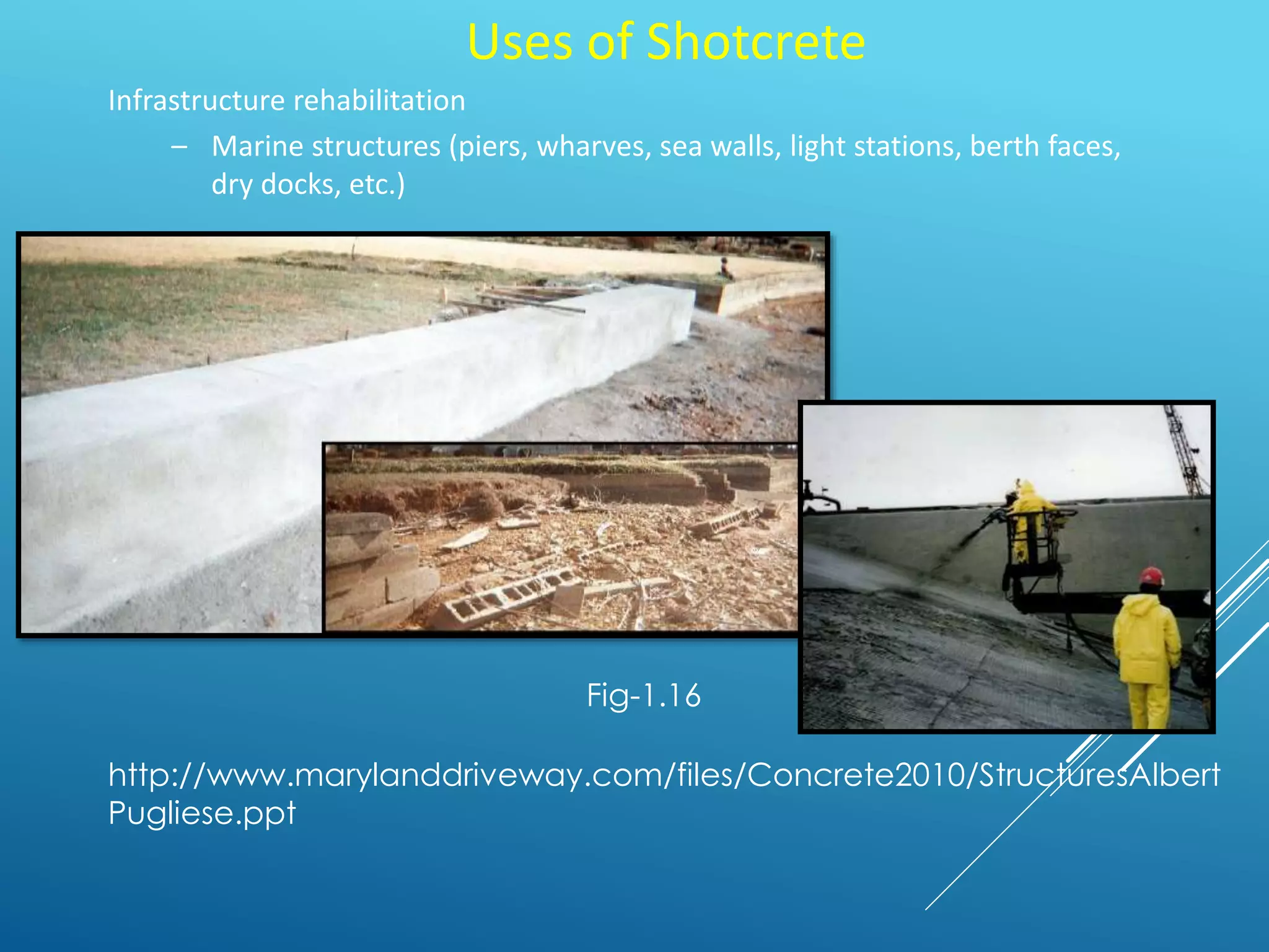 Uses of Shotcrete
Infrastructure rehabilitation
– Marine structures (piers, wharves, sea walls, light stations, berth faces,
dry docks, etc.)
Fig-1.16
http://www.marylanddriveway.com/files/Concrete2010/StructuresAlbert
Pugliese.ppt
 