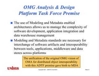 Model Driven Architecture (MDA): Motivations, Status & Future