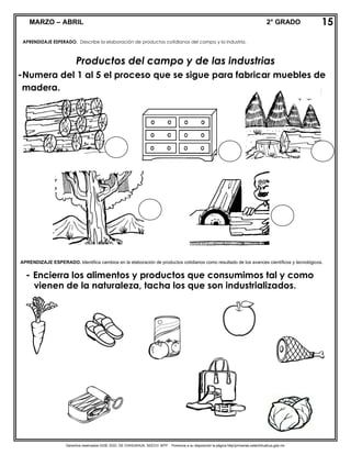 Derechos reservados GOB. EDO. DE CHIHUAHUA. SEECH. MTP. Ponemos a su disposición la página http//primarias.cetechihuahua.gob.mx
MARZO – ABRIL 2° GRADO
Productos del campo y de las industrias
-Numera del 1 al 5 el proceso que se sigue para fabricar muebles de
madera.
vienen de la naturaleza, tacha los que son industrializados.
APRENDIZAJE ESPERADO. Describe la elaboración de productos cotidianos del campo y la industria.
15
- Encierra los alimentos y productos que consumimos tal y como
APRENDIZAJE ESPERADO. Identifica cambios en la elaboración de productos cotidianos como resultado de los avances científicos y tecnológicos.
 