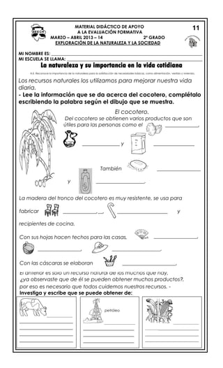 MATERIAL DIDÁCTICO DE APOYO
A LA EVALUACIÓN FORMATIVA
MARZO – ABRIL 2013 – 14 2º GRADO
EXPLORACIÓN DE LA NATURALEZA Y LA SOCIEDAD
MI NOMBRE ES: _____________________________________________________________________
MI ESCUELA SE LLAMA: ______________________________________________________________
La naturaleza y su importancia en la vida cotidiana
Los recursos naturales los utilizamos para mejorar nuestra vida
diaria.
- Lee la información que se da acerca del cocotero, complétalo
escribiendo la palabra según el dibujo que se muestra.
11
El cocotero.
Del cocotero se obtienen varios productos que son
útiles para las personas como el _____________,
_________________ y ________________
aceite
También _________________
y ___________________.
La madera del troco del cocotero es muy resistente,
se usa para fabricar _______________, _______________
Ha
ri
na
La madera del tronco del cocotero es muy resistente, se usa para
fabricar ________________,__, __ ____________________ y
recipientes de cocina.
Con sus hojas hacen techos para las casas, _________________,
_________________, ___________________.
Con las cáscaras se elaboran _____________________.
El anterior es sólo un recurso natural de los muchos que hay,
¿ya observaste que de él se pueden obtener muchos productos?,
por eso es necesario que todos cuidemos nuestros recursos. -
Investiga y escribe que se puede obtener de:
______________
_____________________
_____________________
_____________________
_____________________
_____________________
___________________
_________________
____________________
____________________
____________________
____________________
________
______________
_______________________
_____________________
_____________________
_____________________
_____________________
petróleo
A.E. Reconoce la importancia de la naturaleza para la satisfacción de necesidades básicas, como alimentación, vestido y vivienda.
 