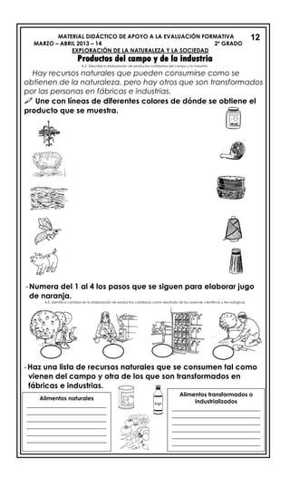MATERIAL DIDÁCTICO DE APOYO A LA EVALUACIÓN FORMATIVA
MARZO – ABRIL 2013 – 14 2º GRADO
EXPLORACIÓN DE LA NATURALEZA Y LA SOCIEDAD
Productos del campo y de la industria
A.E. Describe la elaboración de productos cotidianos del campo y la industria.
Hay recursos naturales que pueden consumirse como se
obtienen de la naturaleza, pero hay otros que son transformados
por las personas en fábricas e industrias.
 Une con líneas de diferentes colores de dónde se obtiene el
producto que se muestra.
-Haz una lista de recursos naturales que se consumen tal como
vienen del campo y otra de los que son transformados en
fábricas e industrias.
-Numera del 1 al 4 los pasos que se siguen para elaborar jugo
de naranja.
A.E. Identifica cambios en la elaboración de productos cotidianos como resultado de los avances científicos y tecnológicos.
12
Alimentos naturales
____________________________
____________________________
____________________________
____________________________
____________________________
____________________________
____________________________
___
Alimentos transformados o
industrializados
_______________________________
_______________________________
_______________________________
_______________________________
_______________________________
_______________________________
_______________________________
___
 