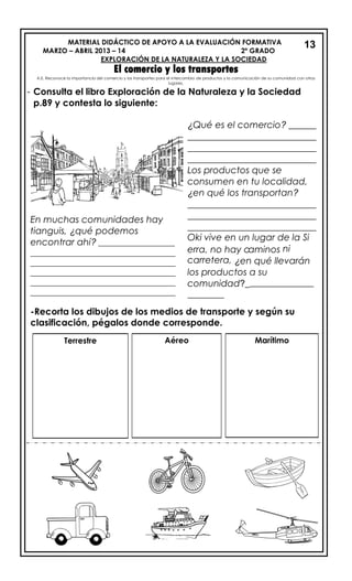 MATERIAL DIDÁCTICO DE APOYO A LA EVALUACIÓN FORMATIVA
MARZO – ABRIL 2013 – 14 2º GRADO
EXPLORACIÓN DE LA NATURALEZA Y LA SOCIEDAD
El comercio y los transportes
A.E. Reconoce la importancia del comercio y los transportes para el intercambio de productos y la comunicación de su comunidad con otros
lugares.
- Consulta el libro Exploración de la Naturaleza y la Sociedad
p.89 y contesta lo siguiente:
13
¿Qué es el comercio? ______
____________________________
____________________________
____________________________
Los productos que se
consumen en tu localidad,
¿en qué los transportan?
____________________________
____________________________
____________________________
Oki vive en un lugar de la Si
erra, no hay caminos ni
carretera, ¿en qué llevarán
los productos a su
comunidad?_______________
________
En muchas comunidades hay
tianguis, ¿qué podemos
encontrar ahí? ___________________
____________________________________
____________________________________
____________________________________
____________________________________
____________________________________
____________________________________
_-Recorta los dibujos de los medios de transporte y según su
clasificación, pégalos donde corresponde.
Terrestre Aéreo Marítimo
 