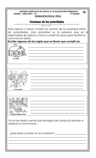 MATERIAL DIDÁCTICO DE APOYO A LA EVALUACIÓN FORMATIVA
MARZO – ABRIL 2013 – 14 2º GRADO
FORMACIÓN CÍVICA Y ÉTICA
Funciones de las autoridades
Para aplicar y hacer cumplir las normas de la sociedad están
las autoridades. Una autoridad es la persona que es la
responsable de aplicar y hacer cumplir las leyes para facilitar la
convivencia diaria.
-Escribe algunas de las reglas que se tienen que cumplir en:
Escribe una norma que se aplique en:
Ya te has dado cuenta que las reglas de conducta ayudan a
mejorar la convivencia.
¿Qué pasa cuando no se cumplen? _________________________
______________________________________________________________
______________________________________________________________
______________________________________________________________
18
La escuela
A.E. Describe las funciones de las autoridades que trabajan en contextos cercanos, y explica cómo contribuye su trabajo al
bienestar colectivo.
El lugar donde vives
____________________________________________
____________________________________________
____________________________________________
____________________________________________
La casa ____________________________________________
__________________________________________
__________________________________________
__________________________________________
__________________________________________
__________________________________________
__________________________________________
___________________________________________
___________________________________________
___________________________________________
___________________________________________
___________________________________________
 