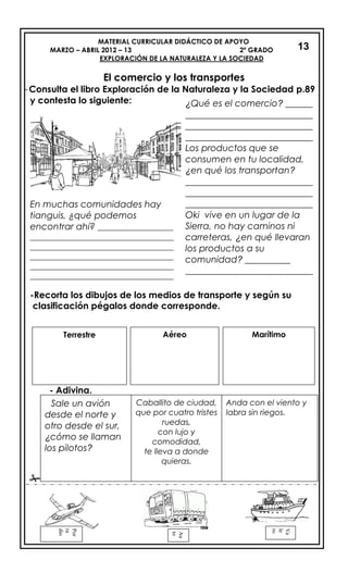 MATERIAL CURRICULAR DIDÁCTICO DE APOYO
MARZO – ABRIL 2012 – 13 2º GRADO
EXPLORACIÓN DE LA NATURALEZA Y LA SOCIEDAD
El comercio y los transportes
-Consulta el libro Exploración de la Naturaleza y la Sociedad p.89
y contesta lo siguiente:
- Adivina.

13
¿Qué es el comercio? ______
____________________________
____________________________
____________________________
Los productos que se
consumen en tu localidad,
¿en qué los transportan?
____________________________
____________________________
____________________________
Oki vive en un lugar de la
Sierra, no hay caminos ni
carreteras, ¿en qué llevaran
los productos a su
comunidad? __________
____________________________
En muchas comunidades hay
tianguis, ¿qué podemos
encontrar ahí? ___________________
____________________________________
____________________________________
____________________________________
____________________________________
____________________________________
____________________________________
_-Recorta los dibujos de los medios de transporte y según su
clasificación pégalos donde corresponde.
Terrestre Aéreo Marítimo
Sale un avión
desde el norte y
otro desde el sur,
¿cómo se llaman
los pilotos?
Caballito de ciudad,
que por cuatro tristes
ruedas,
con lujo y
comodidad,
te lleva a donde
quieras.
Anda con el viento y
labra sin riegos.
Por
ra
dio
Au
to
Ve
le
ro
 