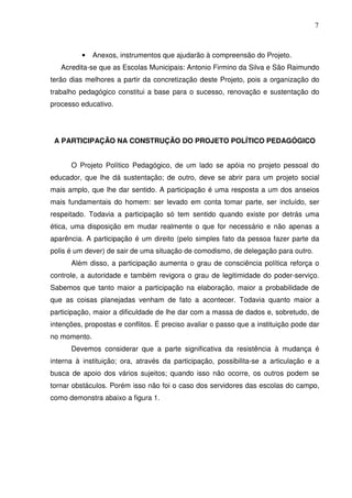 7



          •   Anexos, instrumentos que ajudarão à compreensão do Projeto.
   Acredita-se que as Escolas Municipais: Antonio Firmino da Silva e São Raimundo
terão dias melhores a partir da concretização deste Projeto, pois a organização do
trabalho pedagógico constitui a base para o sucesso, renovação e sustentação do
processo educativo.




 A PARTICIPAÇÃO NA CONSTRUÇÃO DO PROJETO POLÍTICO PEDAGÓGICO


      O Projeto Político Pedagógico, de um lado se apóia no projeto pessoal do
educador, que lhe dá sustentação; de outro, deve se abrir para um projeto social
mais amplo, que lhe dar sentido. A participação é uma resposta a um dos anseios
mais fundamentais do homem: ser levado em conta tomar parte, ser incluído, ser
respeitado. Todavia a participação só tem sentido quando existe por detrás uma
ética, uma disposição em mudar realmente o que for necessário e não apenas a
aparência. A participação é um direito (pelo simples fato da pessoa fazer parte da
polis é um dever) de sair de uma situação de comodismo, de delegação para outro.
      Além disso, a participação aumenta o grau de consciência política reforça o
controle, a autoridade e também revigora o grau de legitimidade do poder-serviço.
Sabemos que tanto maior a participação na elaboração, maior a probabilidade de
que as coisas planejadas venham de fato a acontecer. Todavia quanto maior a
participação, maior a dificuldade de lhe dar com a massa de dados e, sobretudo, de
intenções, propostas e conflitos. É preciso avaliar o passo que a instituição pode dar
no momento.
      Devemos considerar que a parte significativa da resistência à mudança é
interna à instituição; ora, através da participação, possibilita-se a articulação e a
busca de apoio dos vários sujeitos; quando isso não ocorre, os outros podem se
tornar obstáculos. Porém isso não foi o caso dos servidores das escolas do campo,
como demonstra abaixo a figura 1.
 