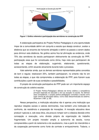 8




        Figura 1: Gráfico referente à participação dos servidores na construção do PPP



        A elaboração participativa do Projeto Político Pedagógico é uma oportunidade
ímpar de a comunidade definir em conjunto a escola que deseja construir, avaliar a
distância que se encontra do horizonte almejado e definir os passos a serem dados
para diminuir esta distância. No gráfico acima fica tal afirmação se evidencia, onde
75% dos servidores da escola participaram efetivamente da construção do PPP,
participação essa que foi conceituada como ótima, haja vista que participaram de
todas    as    etapas     de    elaboração,     sugerindo,     elaborando,     questionando,
acrescentando, enfim atuando ativamente durante todo o processo.
        Vale salientar ainda, que os demais servidores representados pelos conceitos
de bom e regular, totalizaram 25%, também participaram, no entanto não foi em
todas as etapas, o que não comprometeu a elaboração do PPP, pois fizeram suas
contribuições a partir de suas condições e possibilidades.
        O projeto de construção participativa do PPP pode ser um importante espaço
de construção do coletivo escolar.
                        O Projeto Político-Pedagógico delineia de forma coletiva a competência
                        principal esperada do educador e de sua atuação na escola. Ao delinear
                        essa competência, o projeto político-pedagógico consolida a escola como
                        lugar central da educação básica, numa visão descentralizada do sistema.
                        Bussmann (1997, p. 38).

        Nessa perspectiva, a instituição educativa não é apenas uma instituição que
reproduz relações sociais e valores dominantes, mas também uma instituição de
confronto, de resistência e proposição de inovações. A inovação educativa deve
produzir rupturas e, sob essa ótica, ela procura romper com a clássica decisão entre
concepção e execução, uma divisão própria da organização do trabalho
fragmentado. Um projeto inovador amplia a autonomia da escola, nunca
compreendida a partir do isolamento e do saudosismo, mas a partir do intercâmbio e
da cooperação permanente como fonte de contrate e enriquecimento. Todavia, o
 
