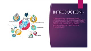INTRODUCTION;-
COMPREHENSIVE LAB MANAGEMENT
HANDLES COMPLETE ORDER MANAGEMENT,
CUSTOM REPORTS, SMART NOTIFICATIONS,
CREDIT SETTLEMENT, DETAILED MIS
REPORTS, ANALYTICS AND APP FOR
PHLEBOTOMIST.
 