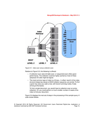 MongoDB Developer’s Notebook -- May 2016 V1.1
© Copyright 2016 All Rights Reserved. US Government Users Restricted Rights-Use, duplication or
disclosure restricted by GSA ADP Schedule Contract. Page 14.
Figure 5-5 Index scan versus collection scan.
Relative to Figure 5-5, the following is offered:
– A collection scan (aka full table scan, or sequential scan) offers given
performance. The collection could be highly cached so most of these
(physical) I/O calls might be logical.
– The most common type of index is a B-tree+. In effect, level-0 of the index
structure keeps key values is ASCII collation sequence, pre-sorted. To find
a given key value you walk a tree, with branch and twig nodes, finally
arriving at the leaves.
To find a single document, you would have to collection scan an entire
collection. Or, you could perform a much smaller number of reads of the
index to find your document.
Figure 5-6 displays the next set of steps in the processing of this sample query. A
code review follows.
 