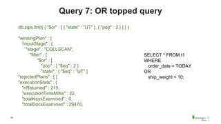28
Query 7: OR topped query
db.zips.find( { "$or" : [ { "state" : "UT" }, { "pop" : 2 } ] } )
"winningPlan" : {
"inputStage" : {
"stage" : "COLLSCAN",
"filter" : {
"$or" : [
"pop" : { "$eq" : 2 }
"state" : { "$eq" : "UT" }
"rejectedPlans" : [ ]
"executionStats" : {
"nReturned" : 215,
"executionTimeMillis" : 22,
"totalKeysExamined" : 0,
"totalDocsExamined" : 29470,
SELECT * FROM t1
WHERE
order_date = TODAY
OR
ship_weight < 10;
 