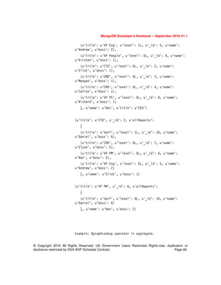 MongoDB Developer’s Notebook -- September 2016 V1.1
© Copyright 2016 All Rights Reserved. US Government Users Restricted Rights-Use, duplication or
disclosure restricted by GSA ADP Schedule Contract. Page 66.
{u'title': u'VP Eng', u'level': 1L, u'_id': 5, u'name':
u'Andrew', u'boss': 2},
{u'title': u'VP People', u'level': 0L, u'_id': 9, u'name':
u'Kirsten', u'boss': 1},
{u'title': u'CTO', u'level': 0L, u'_id': 2, u'name':
u'Eliot', u'boss': 1},
{u'title': u'CMO', u'level': 0L, u'_id': 3, u'name':
u'Meagan', u'boss': 1},
{u'title': u'CRO', u'level': 0L, u'_id': 4, u'name':
u'Carlos', u'boss': 1},
{u'title': u'VP PS', u'level': 0L, u'_id': 8, u'name':
u'Richard', u'boss': 1}
], u'name': u'Dev', u'title': u'CEO'}
{u'title': u'CTO', u'_id': 2, u'allReports':
[
{u'title': u'Serf', u'level': 1L, u'_id': 10, u'name':
u'Daniel', u'boss': 6},
{u'title': u'COO', u'level': 0L, u'_id': 7, u'name':
u'Elyse', u'boss': 2},
{u'title': u'VP PM', u'level': 0L, u'_id': 6, u'name':
u'Ron', u'boss': 2},
{u'title': u'VP Eng', u'level': 0L, u'_id': 5, u'name':
u'Andrew', u'boss': 2}
], u'name': u'Eliot', u'boss': 1}
{u'title': u'VP PM', u'_id': 6, u'allReports':
[
{u'title': u'Serf', u'level': 0L, u'_id': 10, u'name':
u'Daniel', u'boss': 6}
], u'name': u'Ron', u'boss': 2}
Example: $graphLookup operator in aggregate.
 