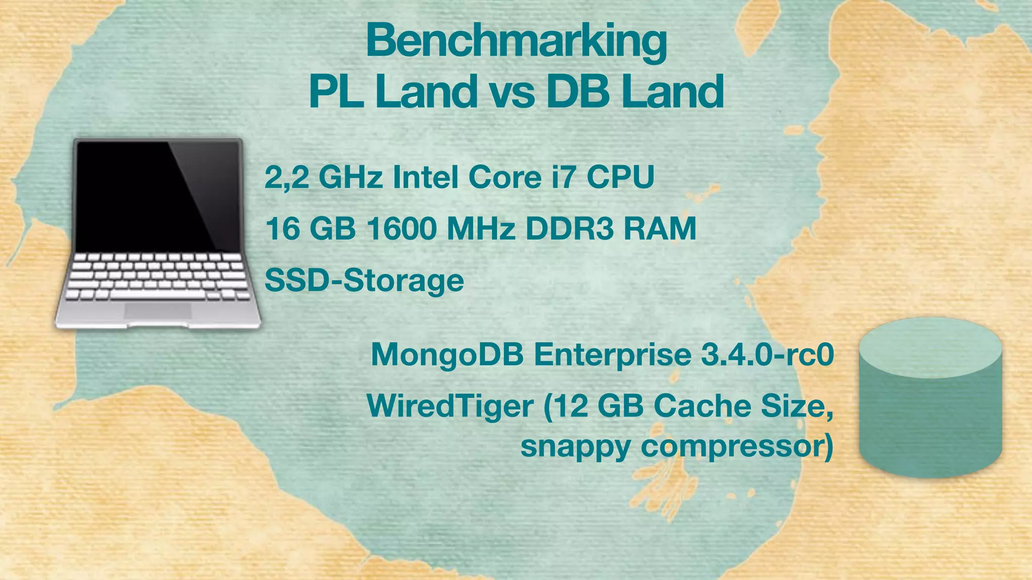 Benchmarking
PL Land vs DB Land
2,2 GHz Intel Core i7 CPU
16 GB 1600 MHz DDR3 RAM
SSD-Storage
MongoDB Enterprise 3.4.0-rc0
WiredTiger (12 GB Cache Size,
snappy compressor)
!
 