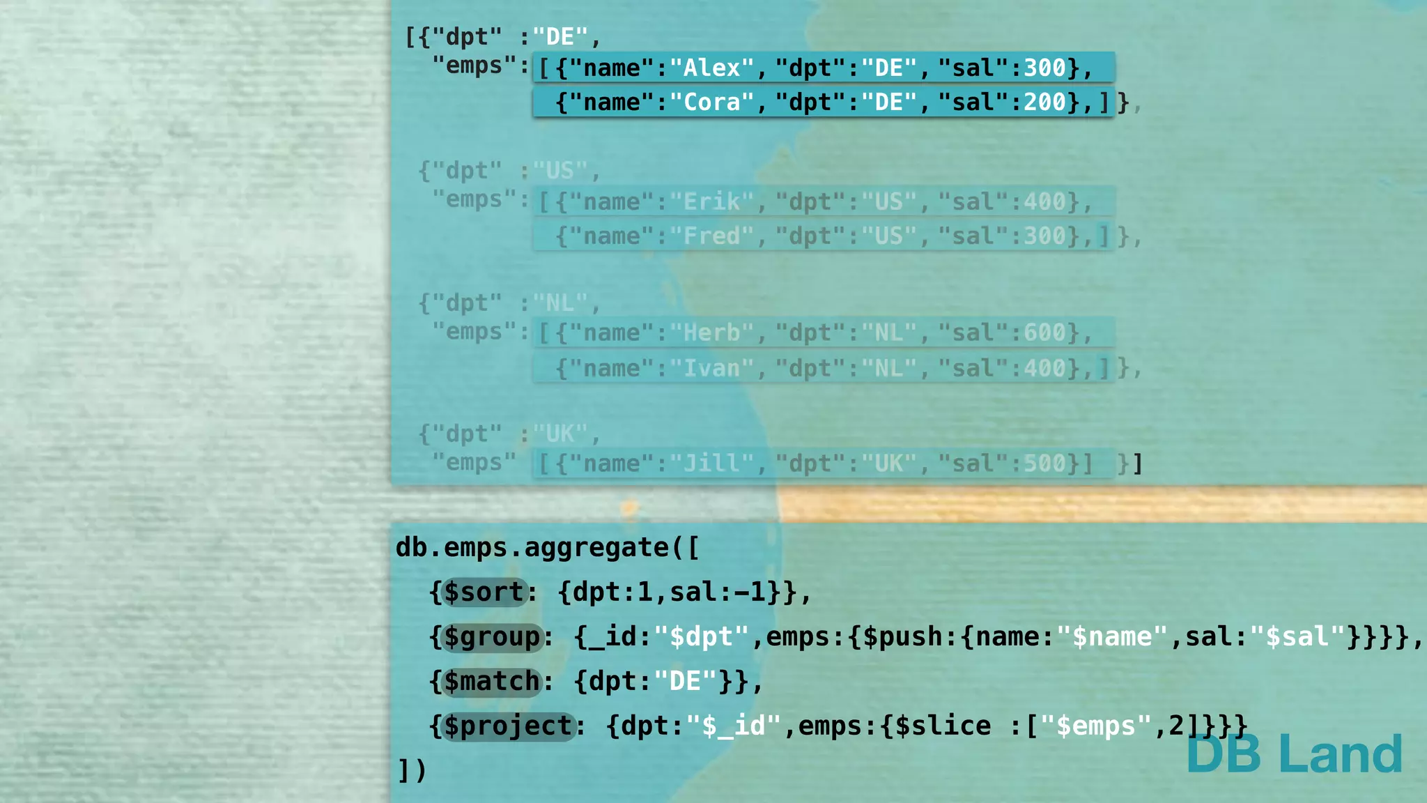 DB Land
{"name":"Cora", "dpt":"DE", "sal":200},
{"name":"Alex", "dpt":"DE", "sal":300},
[{"dpt" :"DE",
"emps":
},]
{"name":"Fred", "dpt":"US", "sal":300},
{"name":"Erik", "dpt":"US", "sal":400},
{"dpt" :"US",
"emps":
},]
{"name":"Ivan", "dpt":"NL", "sal":400},
{"name":"Herb", "dpt":"NL", "sal":600},
{"dpt" :"NL",
"emps":
},]
{"name":"Jill", "dpt":"UK", "sal":500}]
{"dpt" :"UK",
"emps" }]
[
[
[
db.emps.aggregate([
[
{$sort: {dpt:1,sal:-1}},
{$group: {_id:"$dpt",emps:{$push:{name:"$name",sal:"$sal"}}}},
{$project: {dpt:"$_id",emps:{$slice :["$emps",2]}}}
{$match: {dpt:"DE"}},
])
 