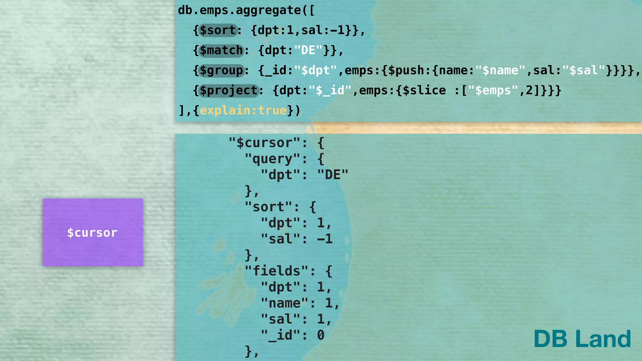 { 
"stages": [ 
{ 
"$cursor": { 
"query": { 
"dpt": "DE" 
}, 
"sort": { 
"dpt": 1, 
"sal": -1 
}, 
"fields": { 
"dpt": 1, 
"name": 1, 
"sal": 1, 
"_id": 0 
}, 
db.emps.aggregate([
]
{$sort: {dpt:1,sal:-1}},
{$group: {_id:"$dpt",emps:{$push:{name:"$name",sal:"$sal"}}}},
{$project: {dpt:"$_id",emps:{$slice :["$emps",2]}}}
{$match: {dpt:"DE"}},
,{explain:true})
DB Land
$cursor
 