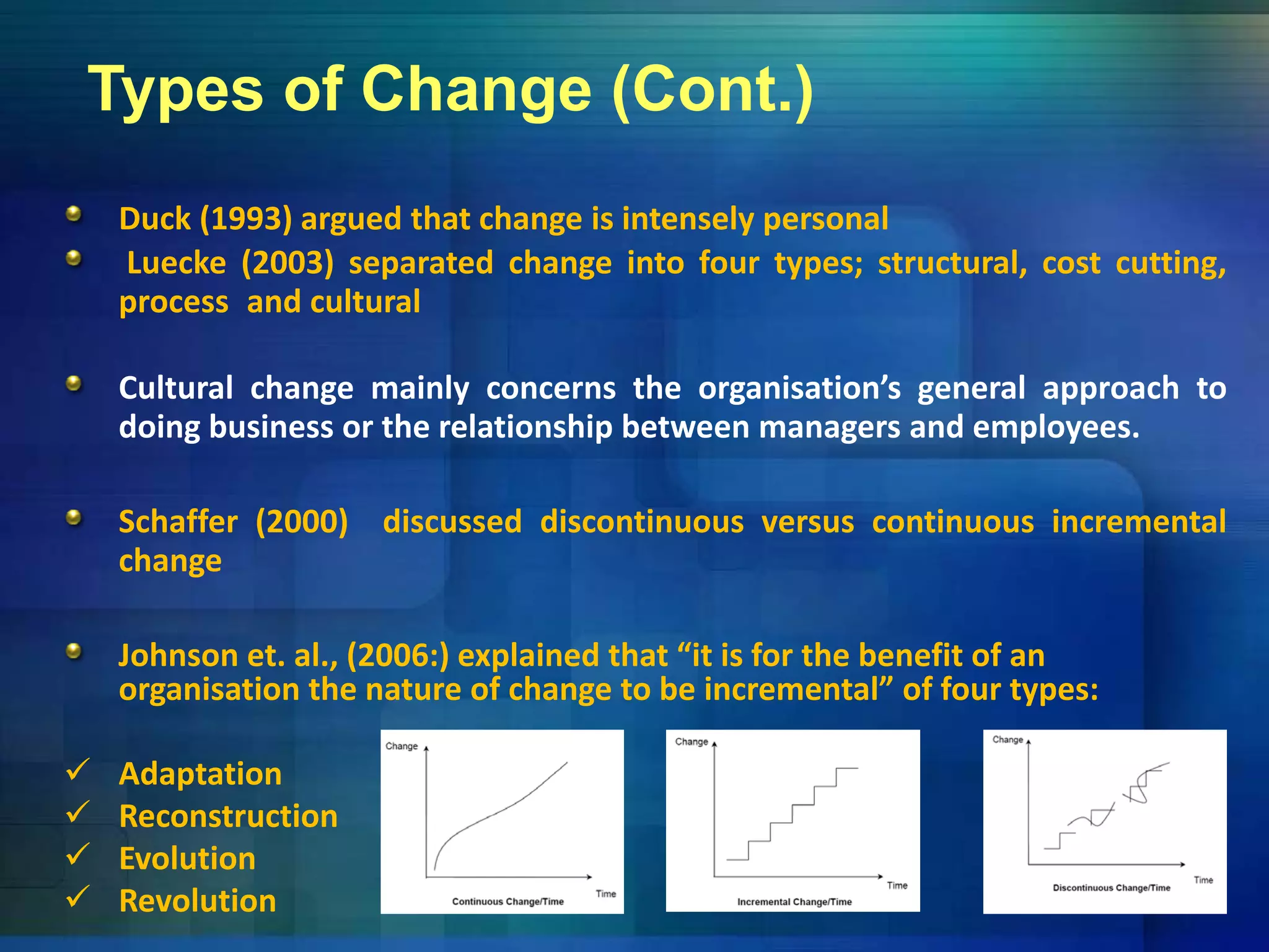 Types of Change (Cont.)
Duck (1993) argued that change is intensely personal
Luecke (2003) separated change into four types; structural, cost cutting,Luecke (2003) separated change into four types; structural, cost cutting,
process and cultural
Cultural change mainly concerns the organisation’s general approach to
doing business or the relationship between managers and employees.
Schaffer (2000) discussed discontinuous versus continuous incremental
change
Johnson et. al., (2006:) explained that “it is for the benefit of an 
i ti th t f h t b i t l” f f torganisation the nature of change to be incremental” of four types:
 Adaptation
 Reconstruction Reconstruction
 Evolution
 Revolution 
 