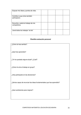 COMPETENCIA MATEMÁTICA. EDUCACIÓN SECUNDARIA 30
Expuse mis ideas y puntos de vista.
Contribuí a que otros también
participaran.
Escuché y valoré el trabajo de mis
compañeros.
Llevé todos los trabajos “al día”
Plantilla evaluación personal
¿Cómo te has sentido?
¿Qué has aprendido?
¿Te ha quedado alguna duda? ¿Cuál?
¿Cómo ha ido el trabajo en grupo?
¿Has participado en las decisiones?
¿Serías capaz de enunciar las ideas fundamentales que has aprendido?
¿Qué cambiaríais para mejorar?
 