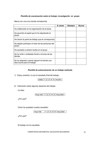 COMPETENCIA MATEMÁTICA. EDUCACIÓN SECUNDARIA 31
Plantilla de coevaluación sobre el trabajo- investigación en grupo
Marca con una cruz donde corresponda
A veces Siempre Nunca
Ha colaborado en la organización de la tarea
Ha asumido el papel que le ha adjudicado el
grupo
Ha hecho la parte de trabajo que le correspondía
Ha dejado participar al resto de las personas del
grupo
Ha ayudado a aclarar dudas en el grupo
Se ha reído o enfadado frente a errores de los
demás.
Se ha alegrado cuando alguien ha tenido una
idea buena para el trabajo
Plantilla de autoevaluación de un trabajo realizado
1) Estoy contento / a con el resultado final del trabajo:
nada 1 2 3 4 5 mucho
2) Valoración sobre algunos aspectos del trabajo:
La idea:
muy mal 1 2 3 4 5 muy bien
¿Por qué?
Cómo ha quedado nuestro resultado:
muy mal 1 2 3 4 5 muy bien
¿Por qué?
El trabajo me ha resultado:
 