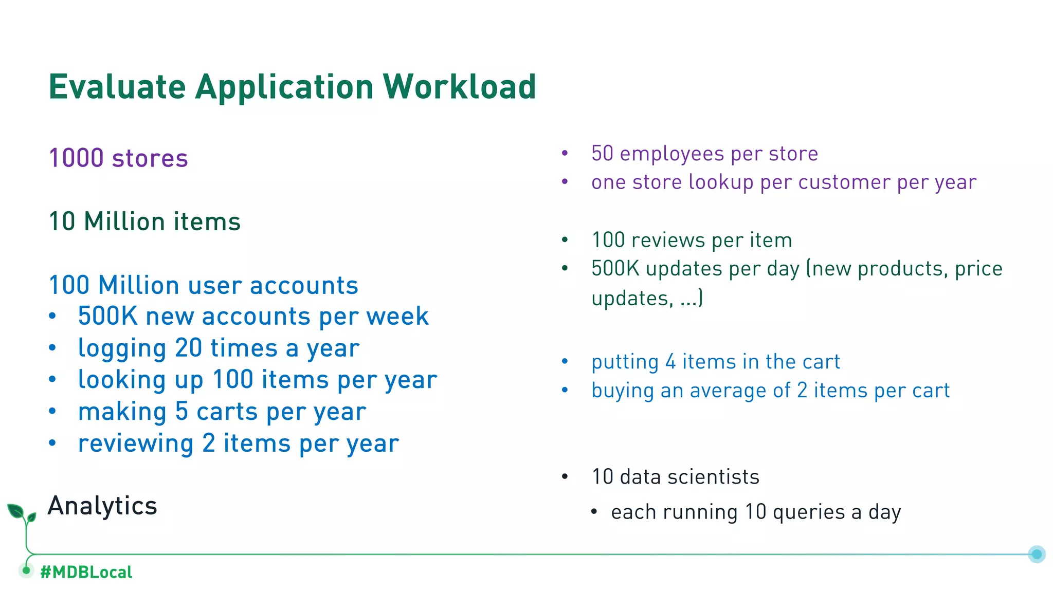 #MDBLocal
Evaluate Application Workload
1000 stores
10 Million items
100 Million user accounts
• 500K new accounts per week
• logging 20 times a year
• looking up 100 items per year
• making 5 carts per year
• reviewing 2 items per year
Analytics
• 50 employees per store
• one store lookup per customer per year
• 100 reviews per item
• 500K updates per day (new products, price
updates, ...)
• putting 4 items in the cart
• buying an average of 2 items per cart
• 10 data scientists
• each running 10 queries a day
 