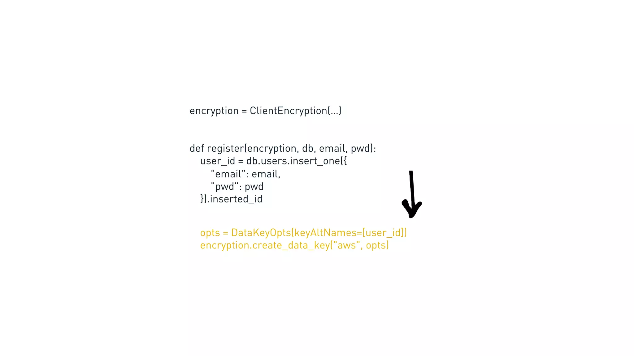 encryption = ClientEncryption(…)
def register(encryption, db, email, pwd):
user_id = db.users.insert_one({
"email": email,
"pwd": pwd
}).inserted_id
opts = DataKeyOpts(keyAltNames=[user_id])
encryption.create_data_key("aws", opts)
 