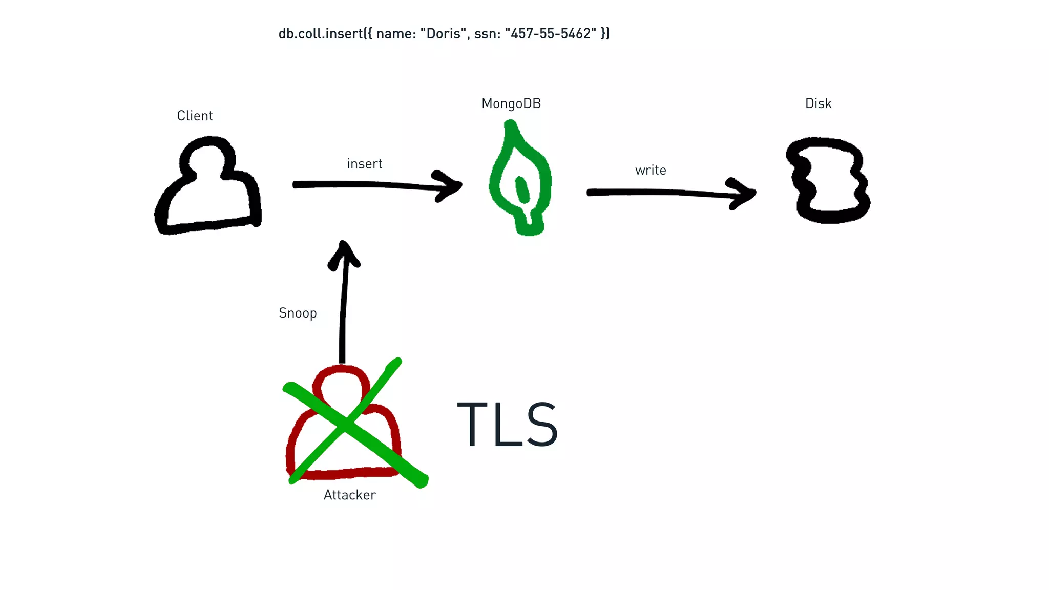 Client
DiskMongoDB
Snoop
TLS
db.coll.insert({ name: "Doris", ssn: "457-55-5462" })
insert write
Attacker
 