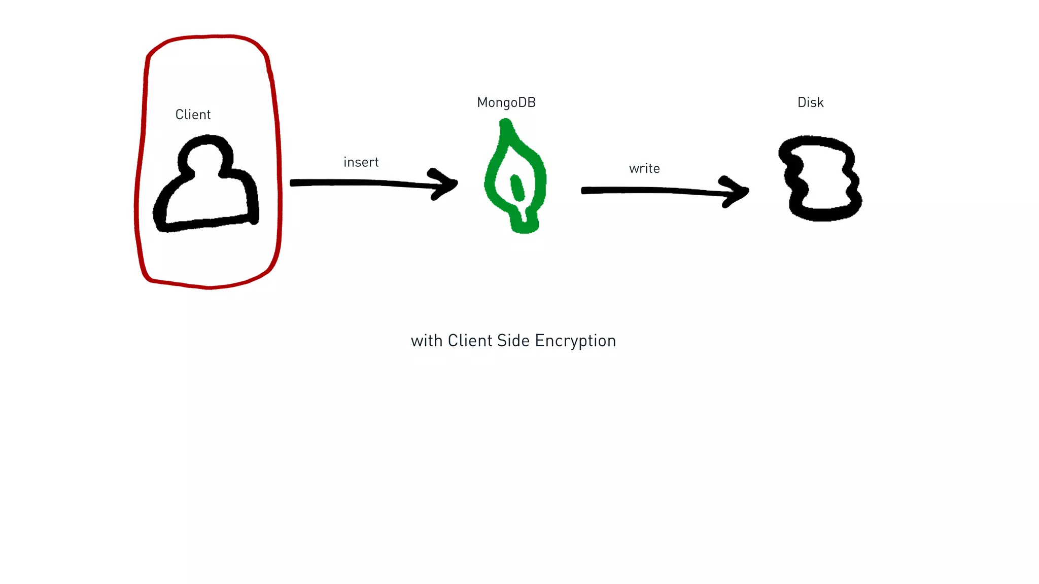 Client
DiskMongoDB
with Client Side Encryption
insert write
 