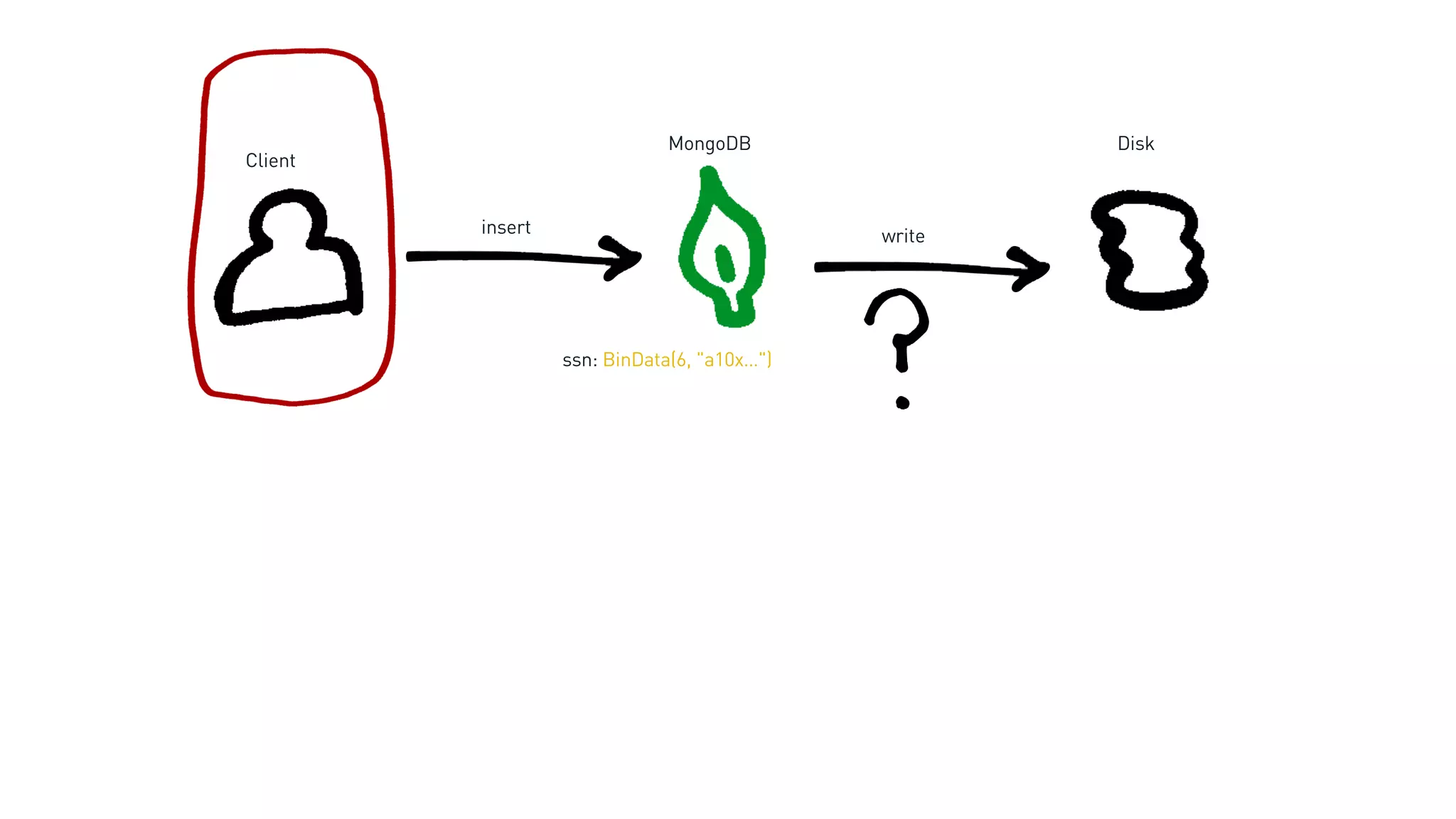 Client
DiskMongoDB
ssn: BinData(6, "a10x…")
insert write
 