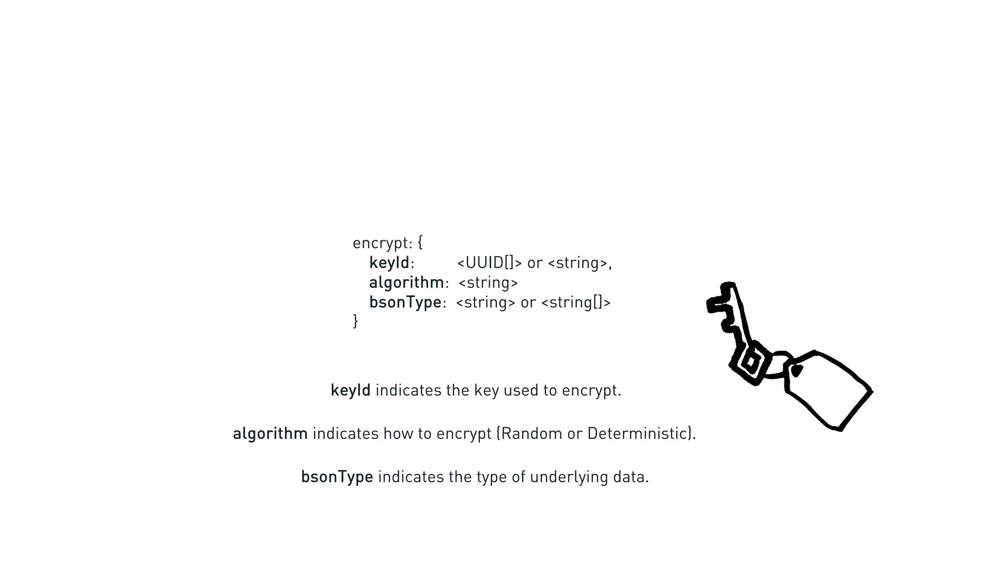 encrypt: {
keyId: <UUID[]> or <string>,
algorithm: <string>
bsonType: <string> or <string[]>
}
bsonType indicates the type of underlying data.
algorithm indicates how to encrypt (Random or Deterministic).
keyId indicates the key used to encrypt.
 