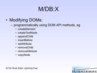 M/DB:X Modifying DOMs: programmatically using DOM API methods, eg createElement createTextNode appendChild insertBefore setAttribute removeChild removeAttribute copyNode 