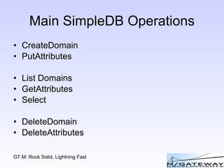 Main SimpleDB Operations CreateDomain PutAttributes List Domains GetAttributes Select DeleteDomain DeleteAttributes 