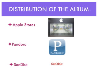 DISTRIBUTION OF THE ALBUM

✦ Apple Stores



✦Pandora



✦ SanDisk
 
