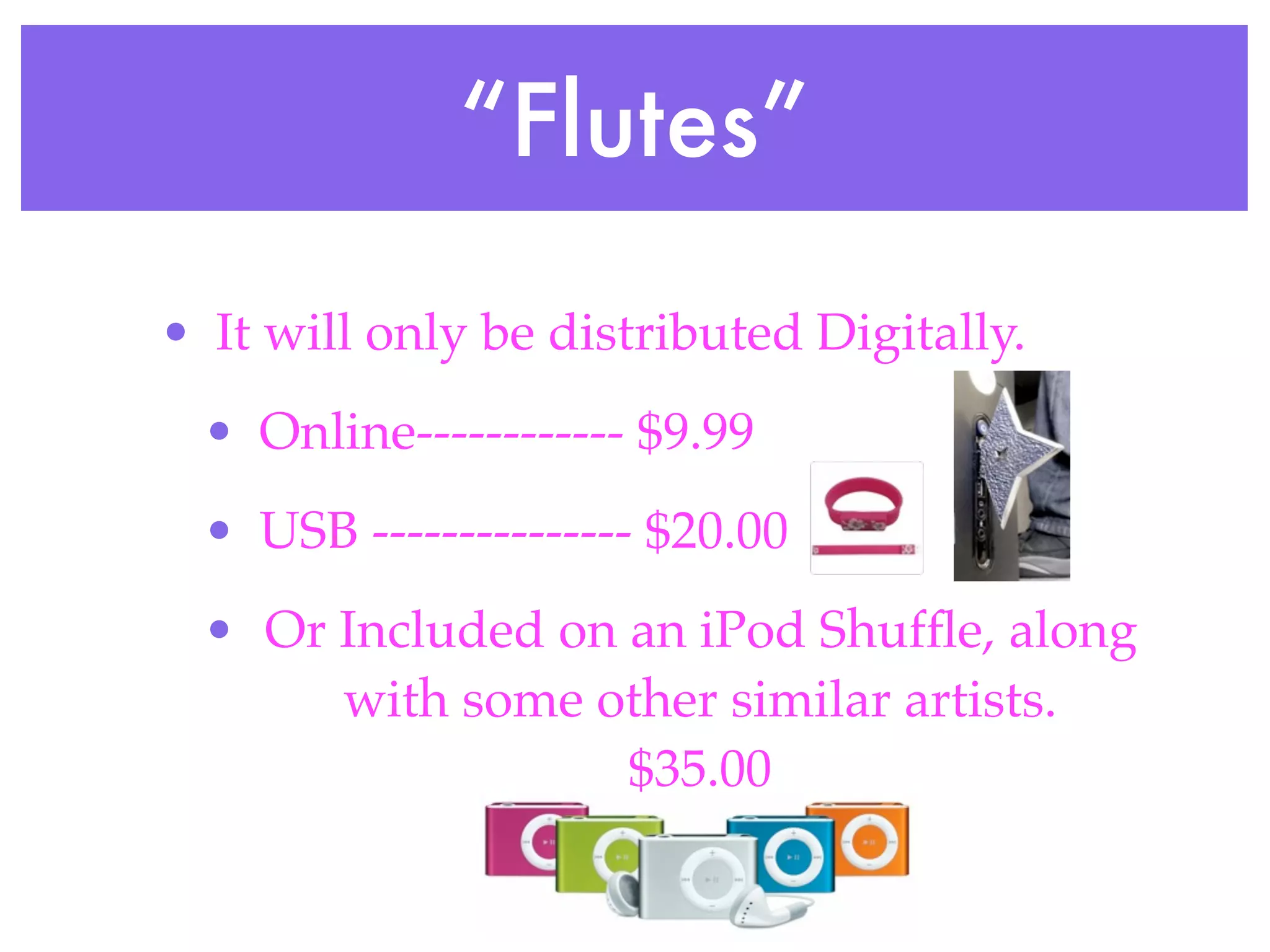 “Flutes”
• It will only be distributed Digitally.
  • Online------------ $9.99
  • USB --------------- $20.00
  • Or Included on an iPod Shufﬂe, along
       with some other similar artists.
                   $35.00
 