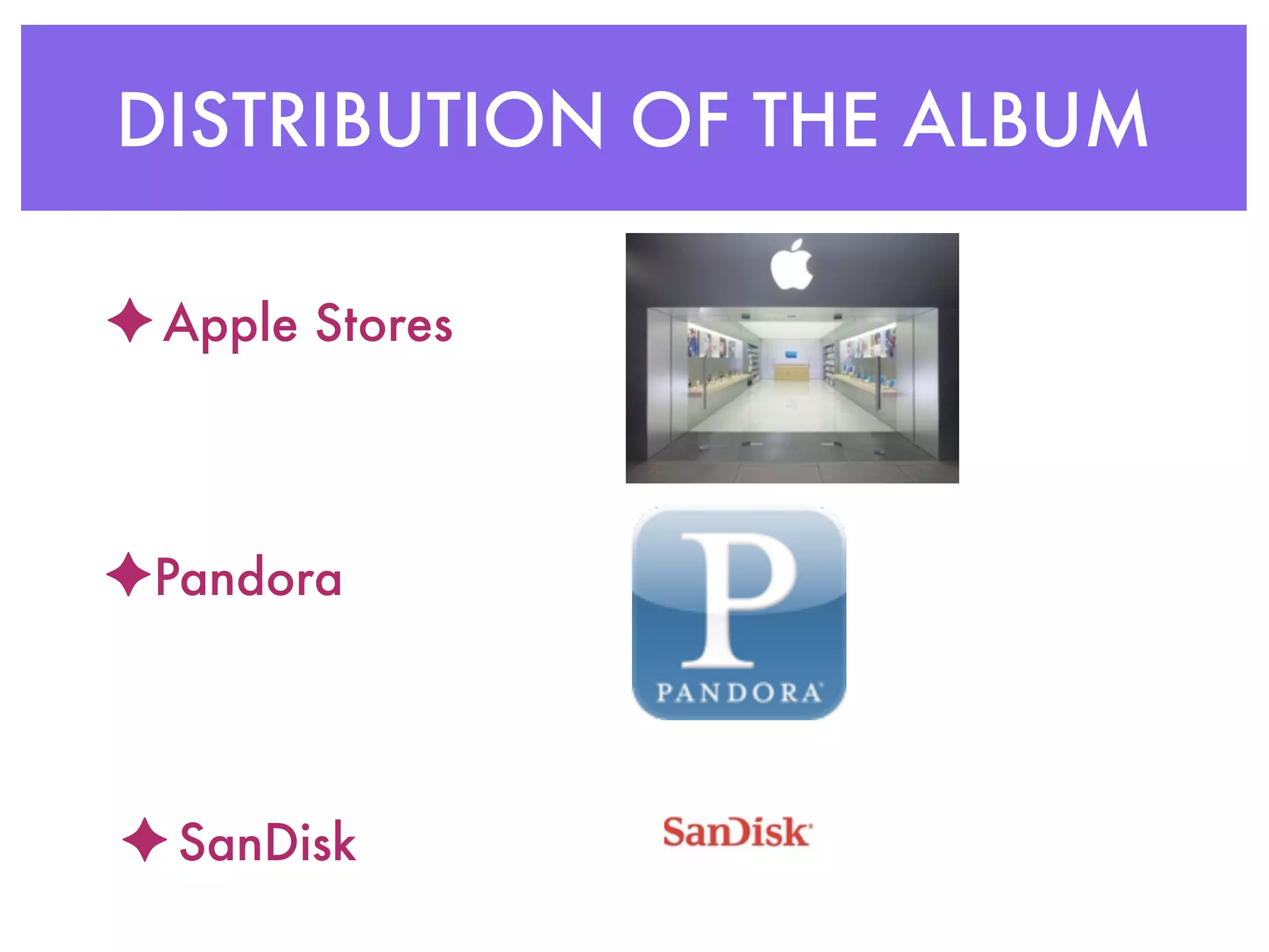 DISTRIBUTION OF THE ALBUM

✦ Apple Stores



✦Pandora



✦ SanDisk
 