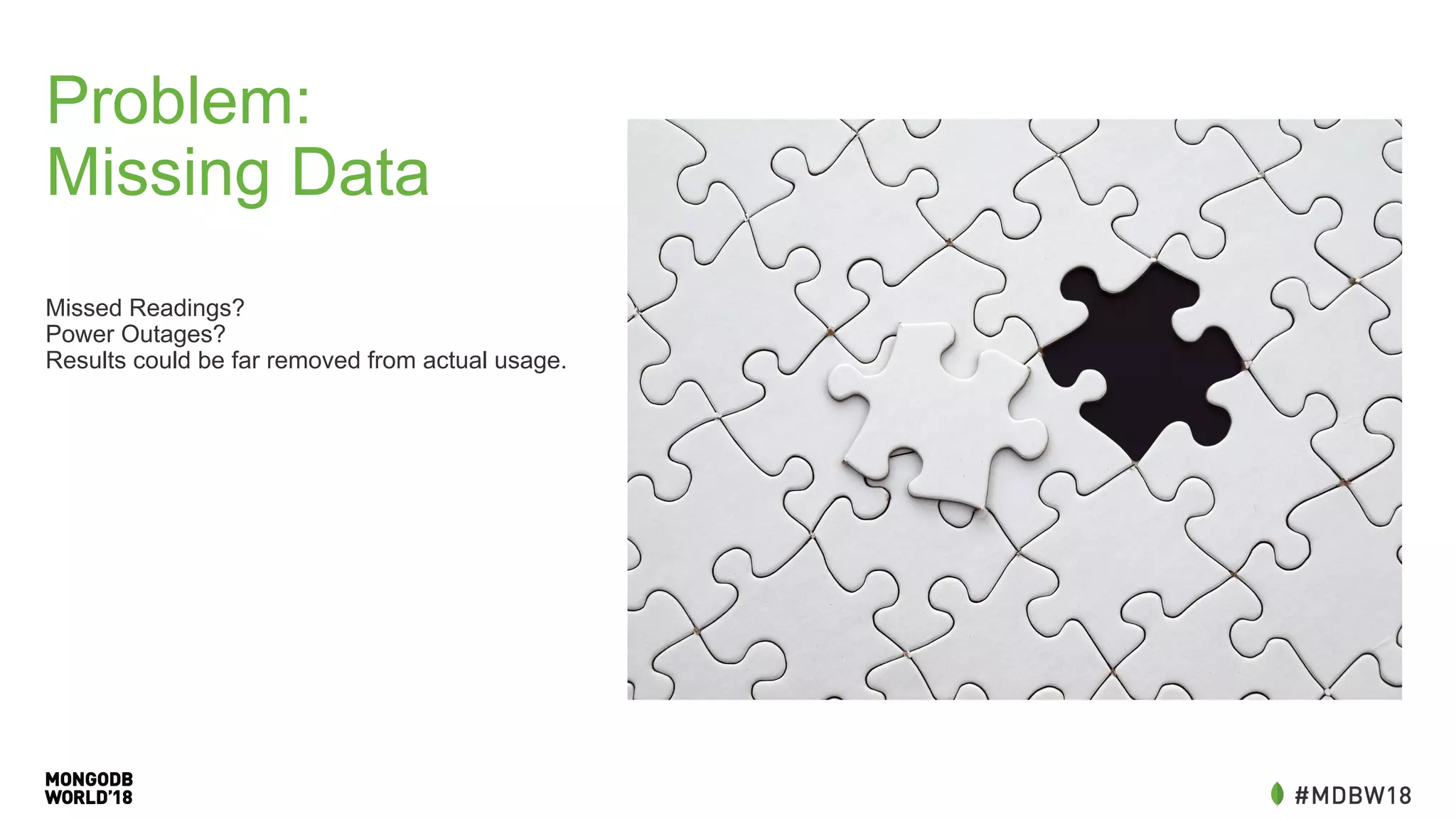 Problem:
Missing Data
Missed Readings?
Power Outages?
Results could be far removed from actual usage.
 