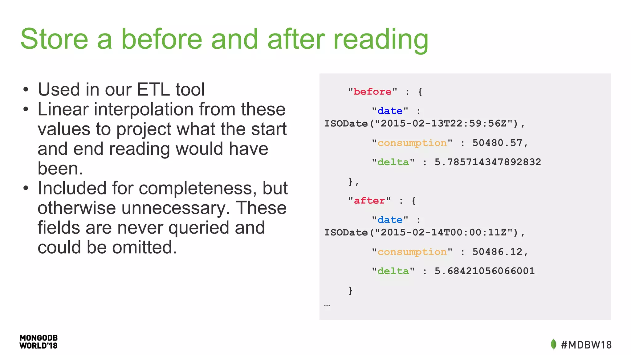 Store a before and after reading
• Used in our ETL tool
• Linear interpolation from these
values to project what the start
and end reading would have
been.
• Included for completeness, but
otherwise unnecessary. These
fields are never queried and
could be omitted.
"before" : {
"date" :
ISODate("2015-02-13T22:59:56Z"),
"consumption" : 50480.57,
"delta" : 5.785714347892832
},
"after" : {
"date" :
ISODate("2015-02-14T00:00:11Z"),
"consumption" : 50486.12,
"delta" : 5.68421056066001
}
…
 