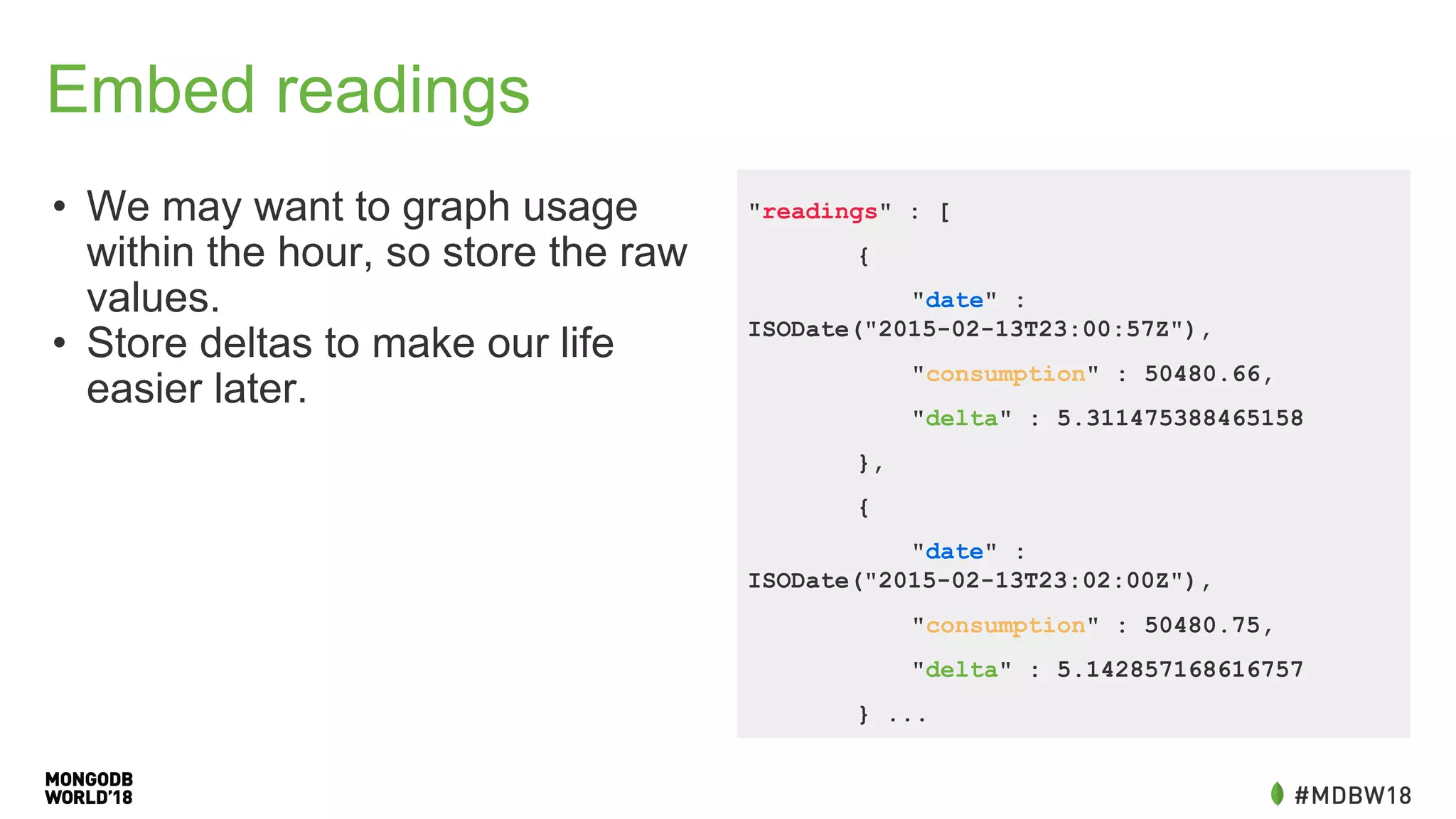 Embed readings
• We may want to graph usage
within the hour, so store the raw
values.
• Store deltas to make our life
easier later.
"readings" : [
{
"date" :
ISODate("2015-02-13T23:00:57Z"),
"consumption" : 50480.66,
"delta" : 5.311475388465158
},
{
"date" :
ISODate("2015-02-13T23:02:00Z"),
"consumption" : 50480.75,
"delta" : 5.142857168616757
} ...
 