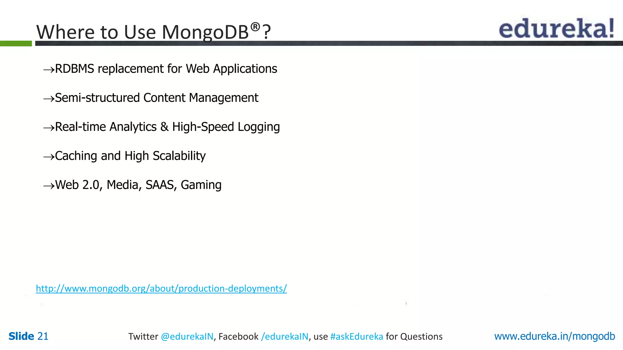 Slide 21 Twitter @edurekaIN, Facebook /edurekaIN, use #askEdureka for QuestionsSlide 21 www.edureka.in/mongodb
Where to Use MongoDB®?
RDBMS replacement for Web Applications
Semi-structured Content Management
Real-time Analytics & High-Speed Logging
Caching and High Scalability
Web 2.0, Media, SAAS, Gaming
http://www.mongodb.org/about/production-deployments/
 